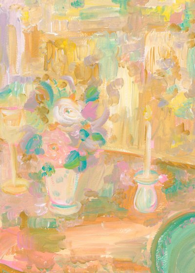 花とろうそくを描いた印象派の絵画 作： 