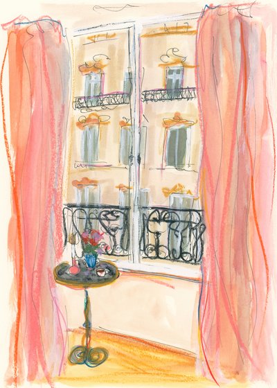パリの窓からの眺めを描いたイラスト 作： 