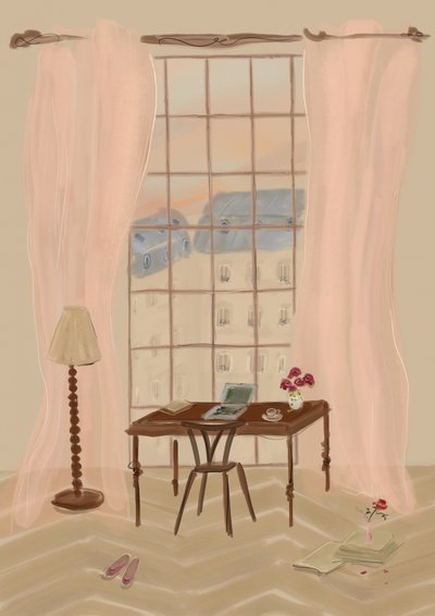 パリの窓辺の風景を描いたイラストと素朴なデスク 作： 