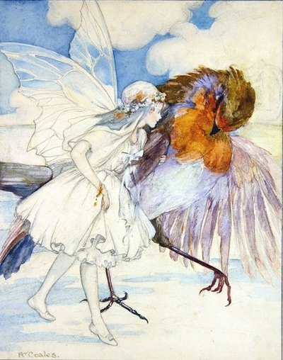コックロビンと花の妖精」（鉛筆・水彩・紙） 作： Kathleen Wallis Coales