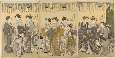 提灯の下を練り歩く花魁と随行者 作： Katsukawa Shuncho