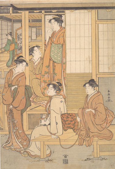茶室のベランダにいる若い女性のグループ、18 世紀後半。 作： Katsukawa Shuncho