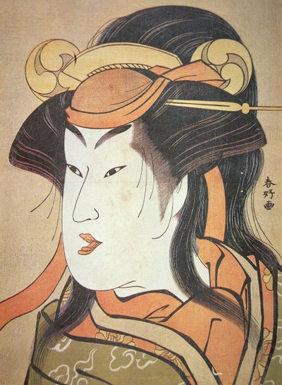 女装した日本の男役の頭部 1787～88年頃（木版画 作： Katsukawa Shuncho