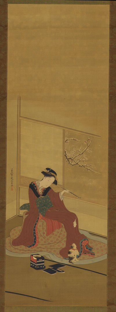 内側：少女と子猫 江戸時代・18世紀後半 作： Katsukawa Shuncho