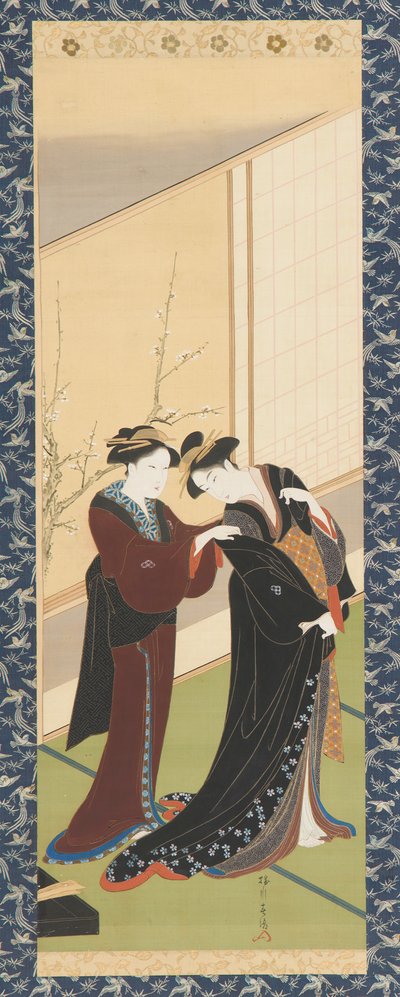 内面：少女の着付けを手伝う女性 江戸時代（1726～1792年 作： Katsukawa Shuncho