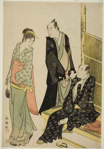 茶屋での役者 初代尾上松介と初代市川おめぞう 作： Katsukawa Shuncho