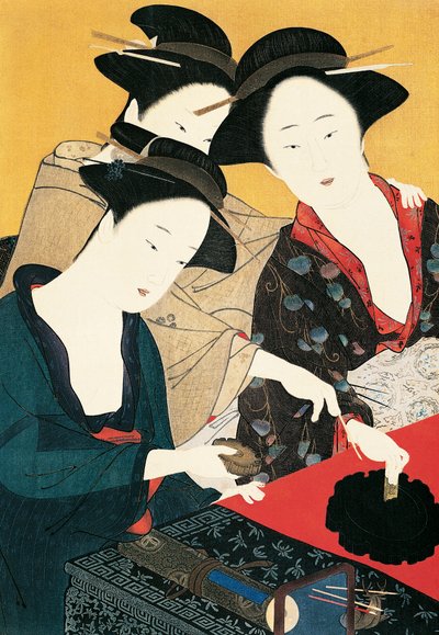 硯を囲む三人の女性 勝川春章画伯（1726～1792年） 日本・日本文明 作： Katsukawa Shuncho