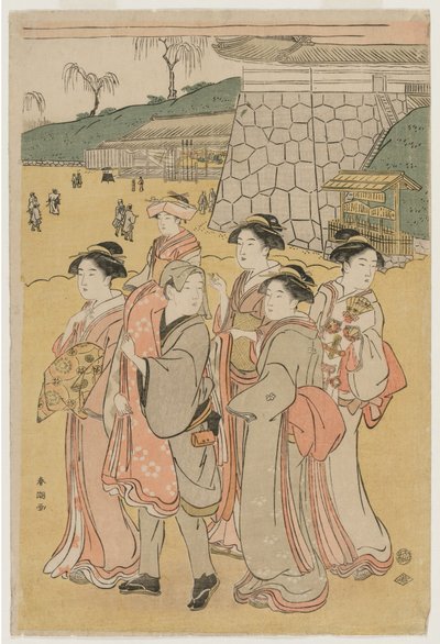 1790年代初頭、少女を神社に同伴する女性。 作： Katsukawa Shuncho