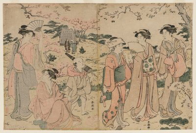 飛鳥山で桜を見る女性たち、1780年代。 作： Katsukawa Shuncho