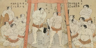 小野川と谷風の試合引き分けを描いたトリプティク（紙に木版画） 作： Katsukawa Shunei