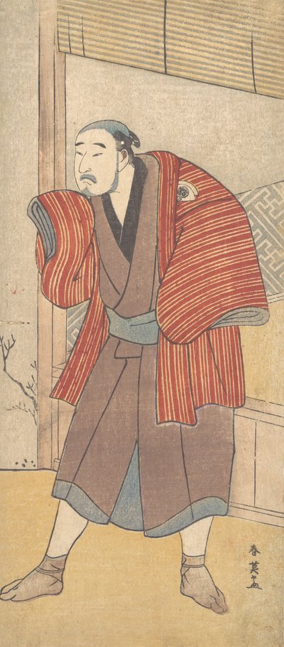 家のそばに立つしもべとしての尾上松助, ca. 1793年。 作： Katsukawa Shun