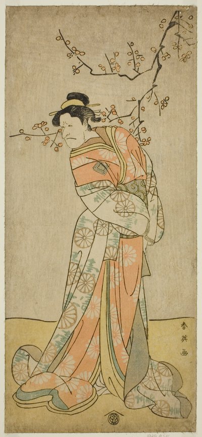 寛政5年(1793)正月、河原崎座で上演された『御前遊び相撲曽我』の女方・岩藤役の市川海老蔵（五代目團十郎）。 作： Katsukawa Shun