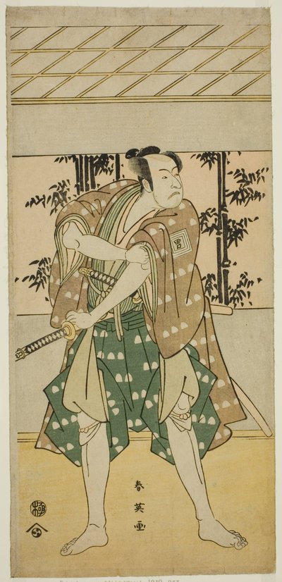 1792年（寛政4年）11月、河原崎座で上演された『大船盛 海老の顔見世』の船頭滝平役（？ 作： Katsukawa Shun