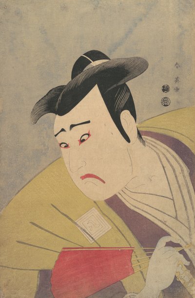 赤いうちわを持った三代目市川彌生、1794年。 作： Katsukawa Shun