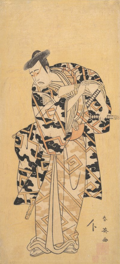 俳優の三代目市川彌生、雷衣姿の不破万左衛門、扇子遊び、1794年。 作： Katsukawa Shun