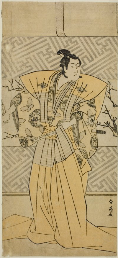 1789年正月、市村座で上演された『恋よすが鐘ヶ木曽我』の曽我五郎時宗役、四代目岩井半四郎 作： Katsukawa Shun