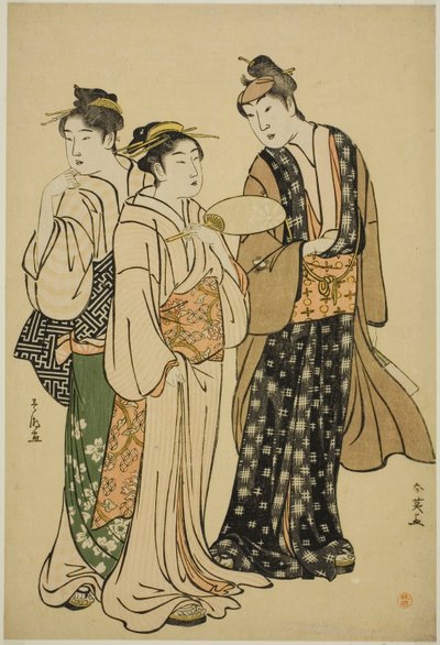 俳優・四代目岩井半四郎の街頭姿（文：俊英 二人の女性と会話する（文：俊英） 作： Katsukawa Shun