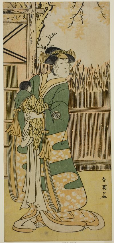 初代中山富三郎が常盤御前に扮し、寛政3年(1791)11月に市村座で上演された『金目貫源家のかくつば』（？ 作： Katsukawa Shun