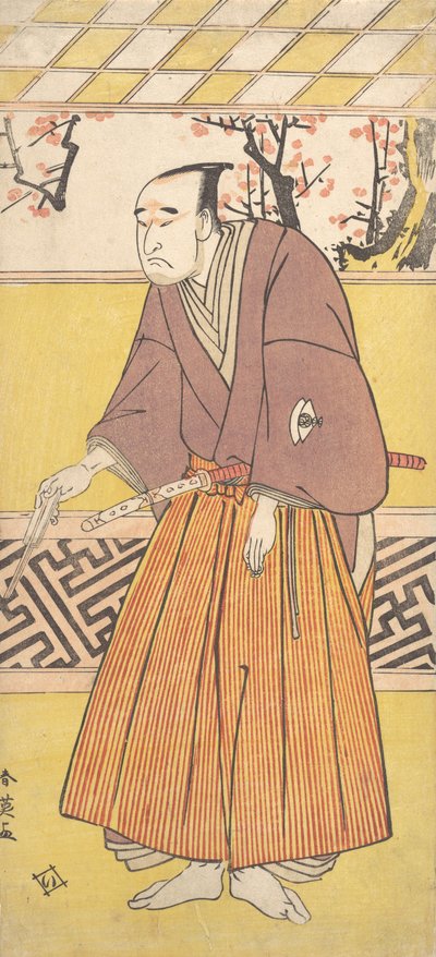俳優の初代尾上松介、右手に閉じたうちわを持つ男 1780年。 作： Katsukawa Shun