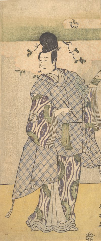 詩を書く貴人としての俳優沢村宗十郎 3 世、1782 年。 作： Katsukawa Shun