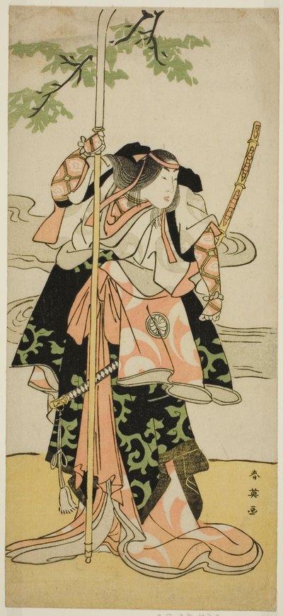 寛政5年(1793)11月、宮古芝居小屋で上演された『矢佐軍配 宮古の陣取り』における巴夫人（巴御前）役の三代目瀬川菊之丞。 作： Katsukawa Shun
