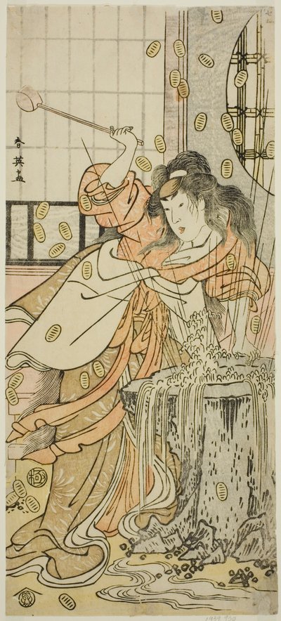 寛政二年（1790）十一月、中村座で上演された『佐用中山日置の釣鐘』のお作に扮した三代目瀬川菊之丞の龍巫女役 作： Katsukawa Shun