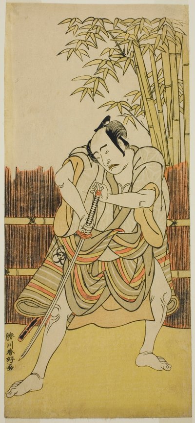 天明8年（1780）11月、市村座で上演された『牟礼高松雪の白旗』の緒方三郎役、初代坂東三津五郎が萬屋瀧右衛門に扮した姿。 作： 勝川春香®