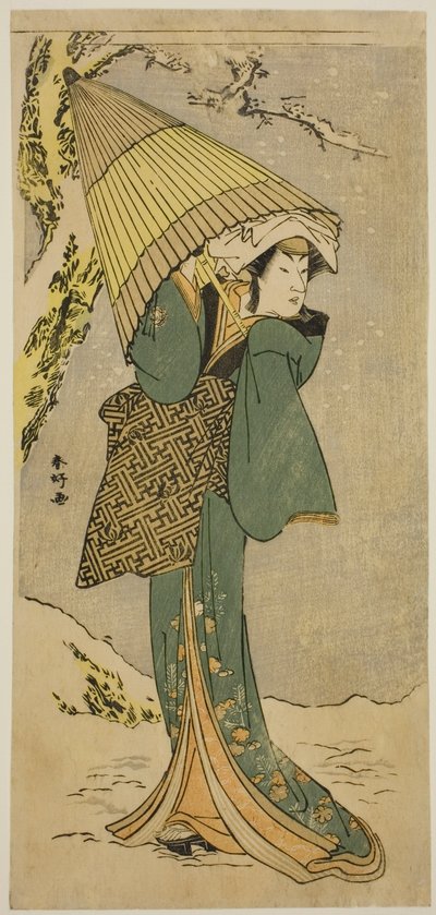 天明4年（1784）11月、中村座で上演された『隠れない蛭が小島』の清滝役、初代中村莉子 作： 勝川春香®