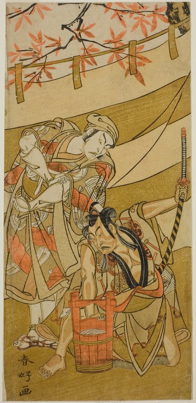 安永3年（1774年）11月、中村座で上演された『海女の岩戸』の小次郎正平役・二代目市川雷蔵（右）と土井弥太郎役・四代目市川団蔵（左）。 作： 勝川春香®