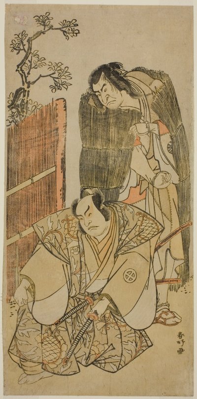 天明3年(1783)3月、市村座で上演された『寿萬歳曾我』の乞食姿の初代中村仲蔵(右)と鬼王新左衛門の三代目大谷広治(左) 作： 勝川春香®