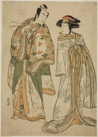 天明4年（1784）11月に桐芝居小屋で上演された『十二単衣小町桜』の花魁・墨染（右）役の三代目瀬川菊之丞と吉峰五之助（左）役の二代目市川門之助 作： 勝川春香®