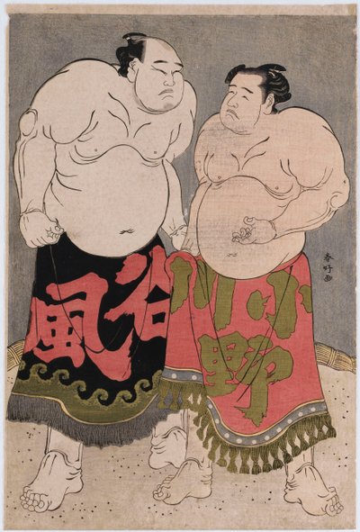 右がレスラー小野川喜三郎、左が谷坂梶之助の全身像 作： Katsukawa Shunko