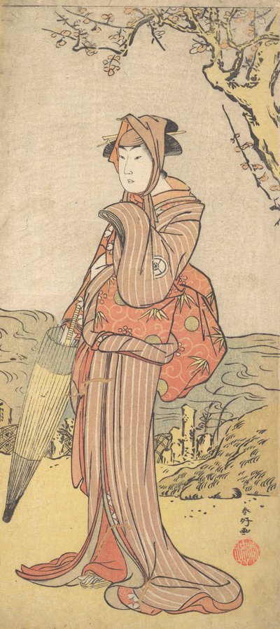 梅の木の下に立つ女性としての岩井清太郎、ca. 1788年。 作： Katsukawa Shunko