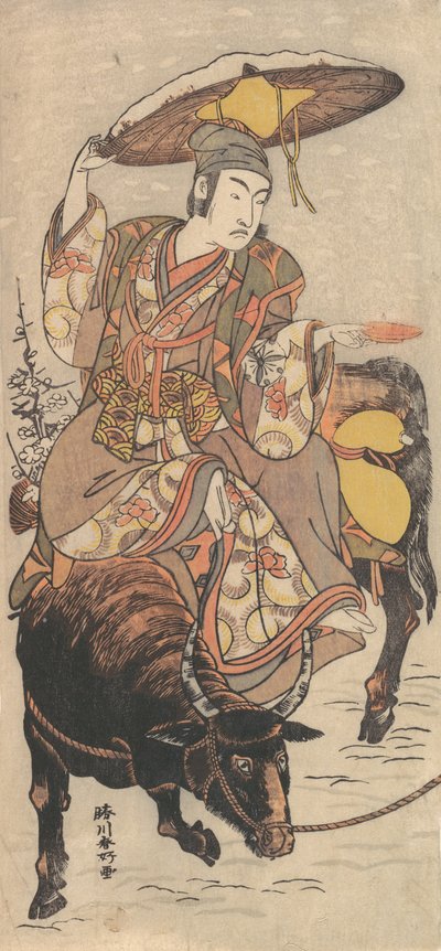 俳優松本幸四郎 4 世が吹雪の中、牡牛座に乗っています。 1790年。 作： Katsukawa Shunko