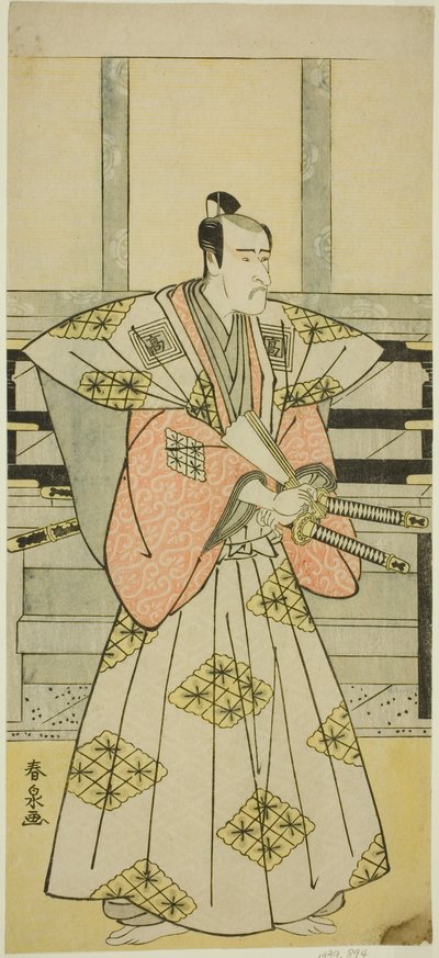 劇中の江柄天神理性鏡（?）で藤左近（?）役を演じた三代目市川駒蔵、1789年（天明8年）3月、中村座（?）で上演 作： Katsukawa Shunsen