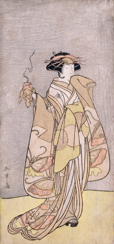 香炉を持った二代目市川門之助女形の全身肖像画（有色木版画） 作： Katsukawa Shunsho