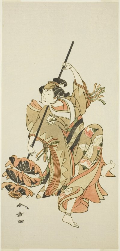 Actor Iwai Hanshirô IV Performs the Triple Umbrella Dance in “Flower of Japan: Ono no Komachi’s Five Characters” (“Kuni no Hana Ono no Itsumoji”) 作： Katsukawa Shunsho