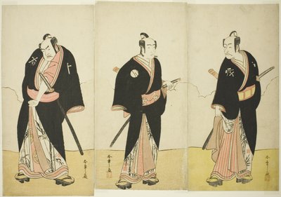 五代目市川團十郎（極院仙右衛門役）、初代坂東三津五郎（安の平兵衛役）、二代目中村助五郎（雷松九郎役）『初詣車曽我』（『初詣車曽我』）に出演 作： Katsukawa Shunsho