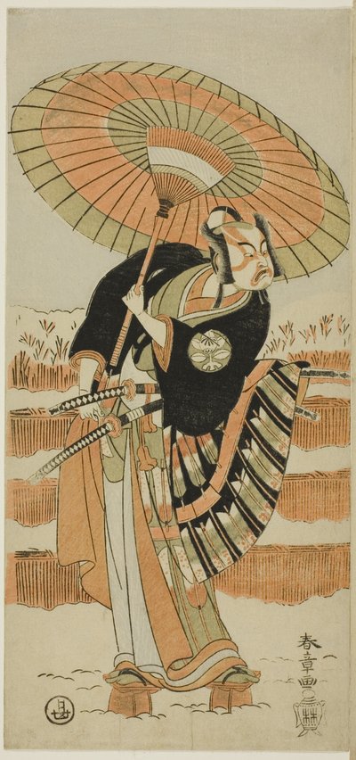 梶原源太景時役の九代目市村羽左衛門（左）、結城女役の二代目瀬川菊之丞（中央）、源頼朝役の二代目嵐三五郎（右）。 作： Katsukawa Shunsho