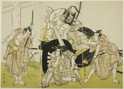 菅原伝授手習鑑』の藤原師平役の二代目中島三保右衛門、松王丸役の三代目市川海老蔵、桜丸役の二代目市川瑤蔵、梅王丸役の九代目市村羽左衛門。 作： Katsukawa Shunsho