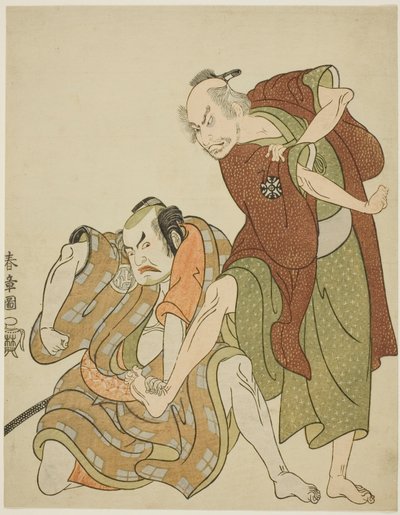 義平次とその娘婿・黒兵衛団七を演じる俳優たち 作： Katsukawa Shunsho