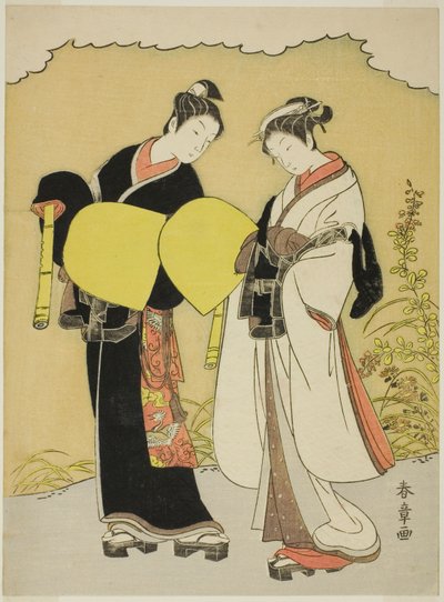 秋の風景で虚無僧に扮した恋人たち 作： Katsukawa Shunsho