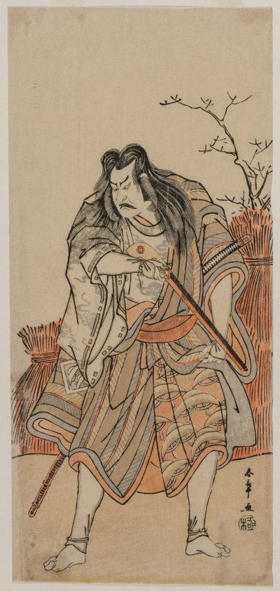 ライフルを持ったハンターに変装した主としての中島管左衛門c。 1780年代初頭。 作： Katsukawa Shunsho