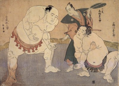 女川喜三郎と谷風梶之助が道場で「尻力」を披露、木村庄之助がレフェリー 作： Katsukawa Shunsho
