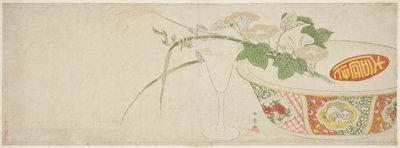 植物、磁器のボウル、ガラスのゴブレット 作： Katsukawa Shunsho