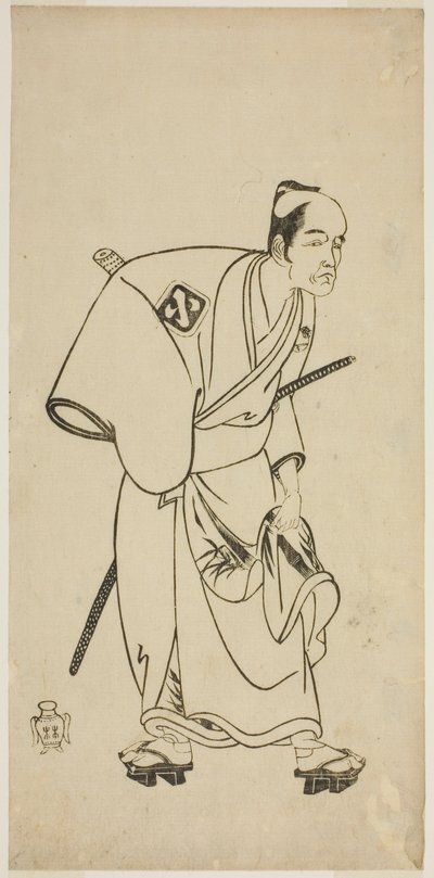1768 年 7 月に中村座で上演された劇「あやつり歌舞伎小木」の布袋一右衛門としての俳優嵐乙八 作： Katsukawa Shunsho