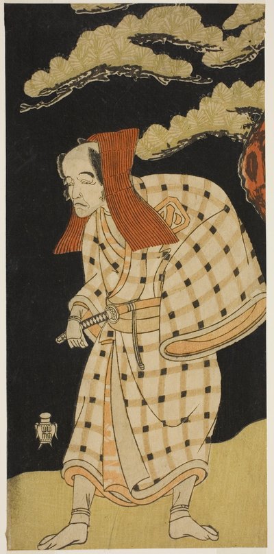 1768 年、11 月に市村劇場で上演された劇「男山ゆんぜいくらべ」で泥棒一本左衛門に扮した沼太郎九星役の俳優嵐乙八 作： Katsukawa Shunsho
