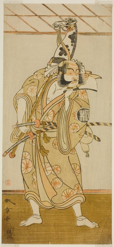 芝居色蒔絵蘇我盃で朝比奈三郎役の二代目嵐三五郎、1773年正月森田座にて上演 作： Katsukawa Shunsho