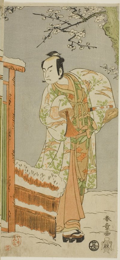 浄瑠璃『伊豆の綿わた夫婦菊（みょうとぎ）』より「大山紅雪の菅尾（おおやまべにゆきのすがお）」第二場、源頼朝役の二代目嵐三五郎。 作： Katsukawa Shunsho
