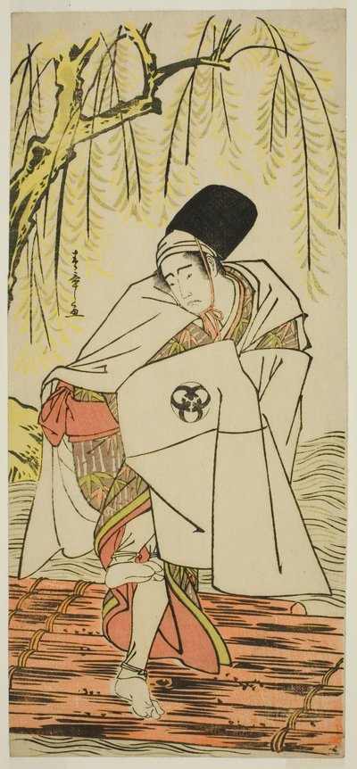 1781 年 11 月に森田座で上演された芝居「さきかえせ雪のみよしの」で白鷺の霊に変装した神官五位助として俳優の坂東光五郎初代 作： Katsukawa Shunsho